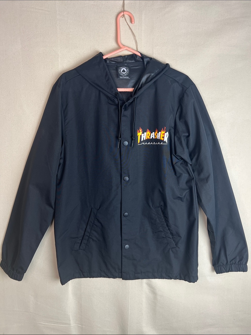Thrasher Black Hooded Raincoat with Flame Logo Patch size M